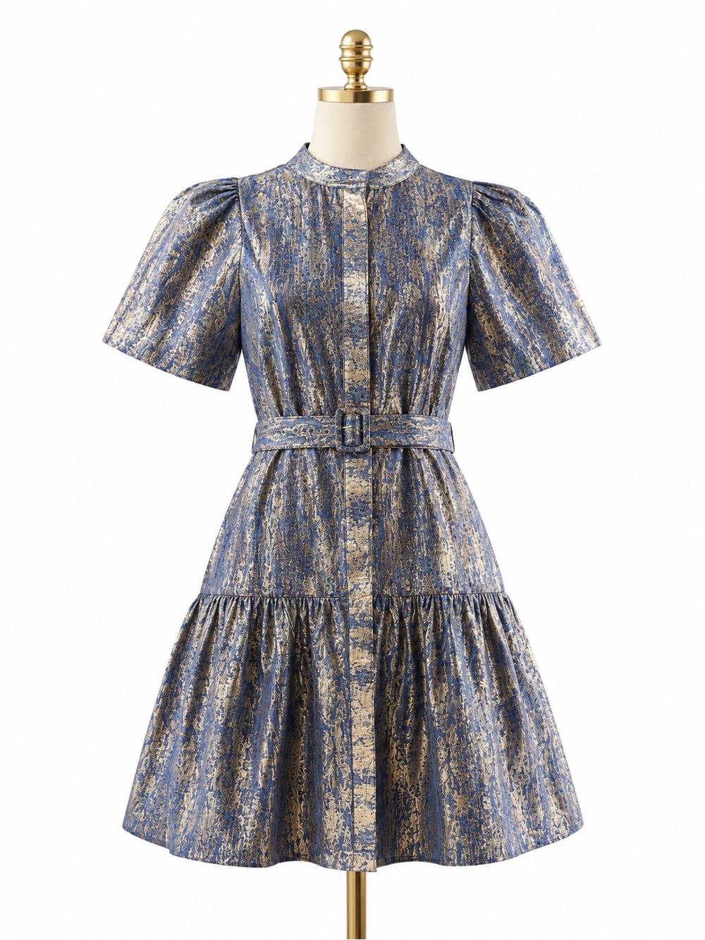 Metallic Blue & Gold Belted Short-Sleeve Dress